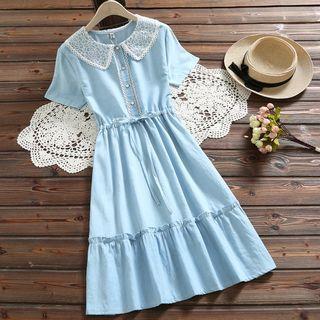 Short-sleeve Lace Collar Denim A-line Dress