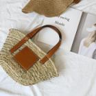 Leather-detail Straw Basket Tote