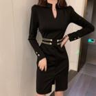 Long-sleeve V-neck Slim-fit Dress