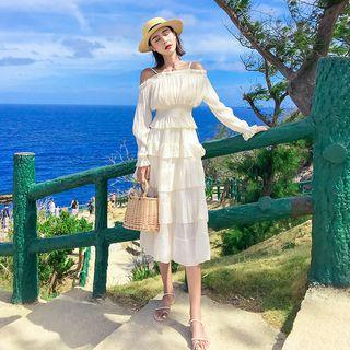 Cold Shoulder Long-sleeve Top / Tiered Midi Skirt