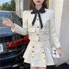 Set: Bow Accent Jacket + Button-up Mini A-line Skirt