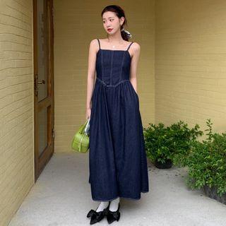 Spaghetti Strap Denim Midi Corset Dress Blue - One Size