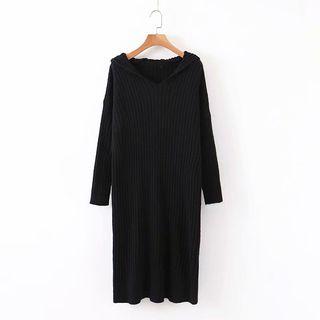 Hooded Long-sleeve Knit Dress Black - One Size