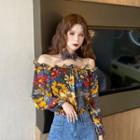 Long-sleeve Off-shoulder Floral Print Frill Trim Top Floral - Gray - One Size