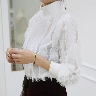Mock-neck Fringed Sheer Top