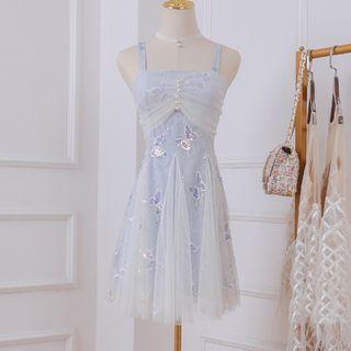 Spaghetti Strap Sequined Mesh Godet A-line Dress
