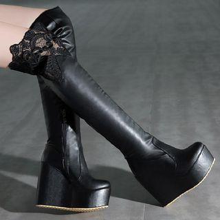 Lace Panel Platform Wedge Over-the-knee Boots
