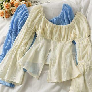 Boatneck Slit-front Ruched Plain Top In 5 Colors