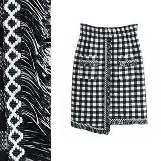 Frayed Gingham Midi Skirt 9888 - Black & White - One Size