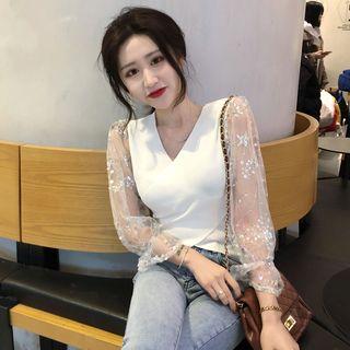 V-neck Mesh Panel Crop Top