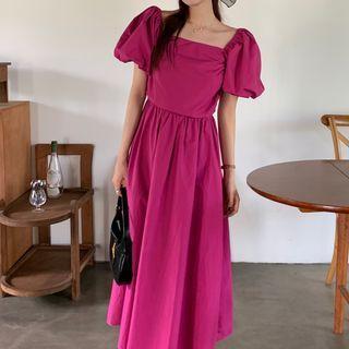 Puff Sleeve Plain A-line Dress Fuchsia - One Size