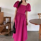 Puff Sleeve Plain A-line Dress Fuchsia - One Size