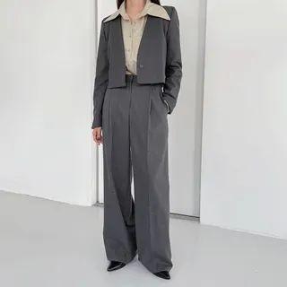 Set: Single-button Crop Jacket + Wide-leg Dress Pants