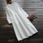 Embroidered Long-sleeve Midi A-line Dress White - One Size