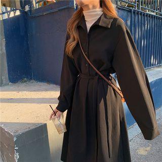 Collared Tie-waist Long-sleeve Midi A-line Dress Black - One Size