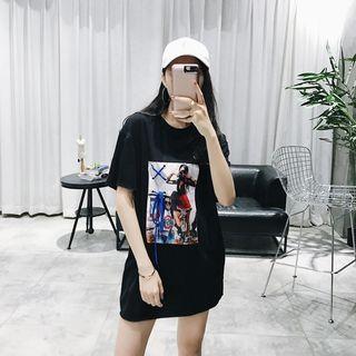 Lace Up Detail Printed Elbow Sleeve T-shirt