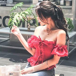 Puff-sleeve Frill Trim Lace-up Top