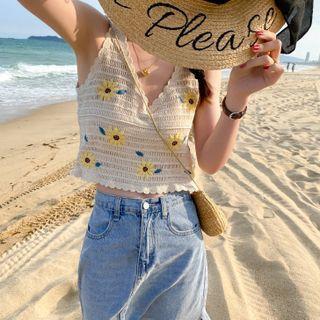Embroidered Open-knit Tank Top Almond - One Size