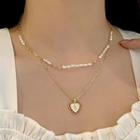 Heart Faux Pearl Pendant Layered Necklace 3784 - Set Of 2 - White Faux Pearl - Gold - One Size