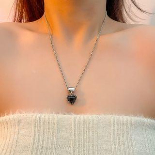 Heart Agate Pendant Stainless Steel Necklace Necklace - Black & Silver - One Size