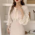 Long-sleeve Tie-neck Embroidered Chiffon Blouse