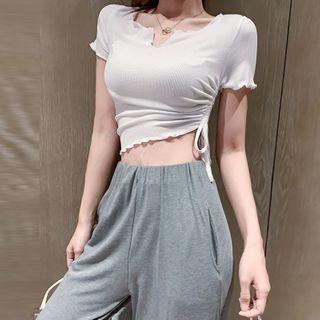 Frilled Short-sleeve Drawstring Crop Top