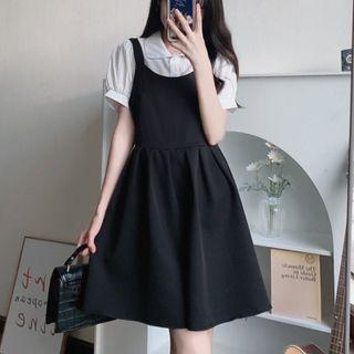 Short-sleeve Mock Two-piece Mini Smock Dress