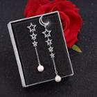 Non-matching 925 Sterling Silver Rhinestone Faux Pearl Moon & Star Dangle Earring 1 Pair - Non-matching 925 Sterling Silver Rhinestone Faux Pearl Moon & Star Dangle Earring - One Size