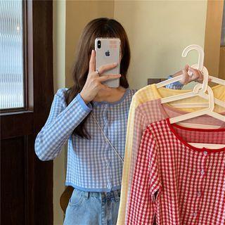 Long-sleeve Checked Button-up Knit Top