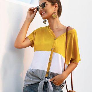 Color Block Knot Hem Buttoned Tee