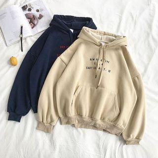 Plain Lettering Embroidered Fleece Drawcord Hooded Sweatshirt