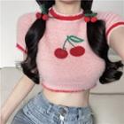 Short-sleeve Cherry Print Knit Crop Top / Arm Sleeves