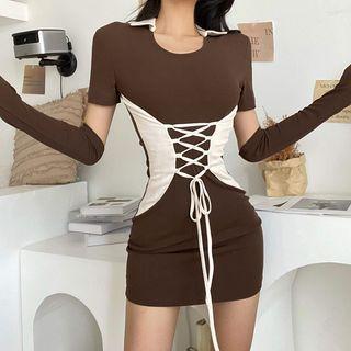 Set: Short-sleeve Lace Up Mini Bodycon Dress + Arm Sleeves