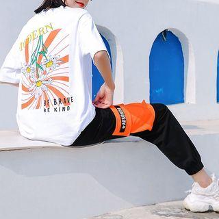 Set: Short-sleeve Floral Print T-shirt + Cargo Sweatpants