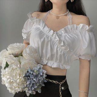 Puff-sleeve Halter-neck Off-shoulder Frill Trim Crop Top