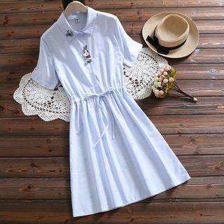 Rabbit Embroidered Short-sleeve A-line Shirt Dress