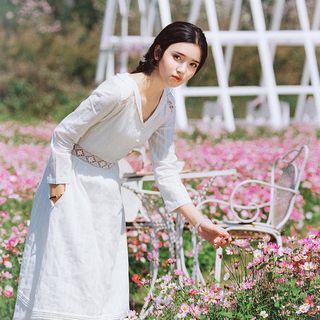 Long-sleeve Perforated A-line Midi Dress