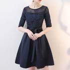 Embroidered Sheer Elbow-sleeve A-line Party Dress