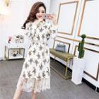 Long-sleeve Floral Lace Panel Midi Shift Dress