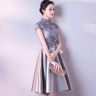 Mandarin Collar Panel A-line Cocktail Dress