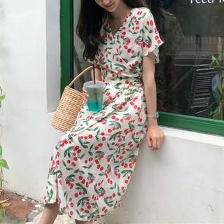 Cherry Print Short-sleeve Midi A-line Dress