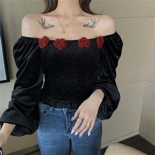 Puff-sleeve Floral Embroidery Velvet Blouse Floral Embroidery - Black - One Size