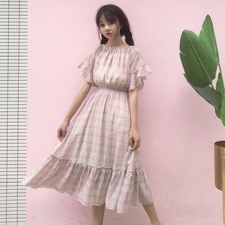 Plaid Off-shoulder A-line Chiffon Dress