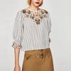 Floral Embroidered Short-sleeve Striped Lace Blouse