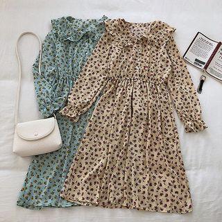 Flared-cuff Floral Print Midi A-line Dress