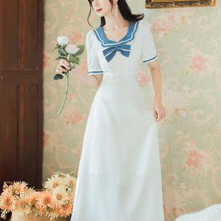 Short-sleeve Sailor Collar Bow Midi A-line Dress