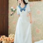 Short-sleeve Sailor Collar Bow Midi A-line Dress
