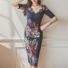 Short-sleeve Paneled Printed Slit-back Dress