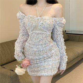 Puff-sleeve Floral Print Shirred Bodycon Dress