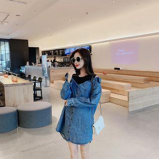 Mock Two-piece Long-sleeve Mini Denim Dress